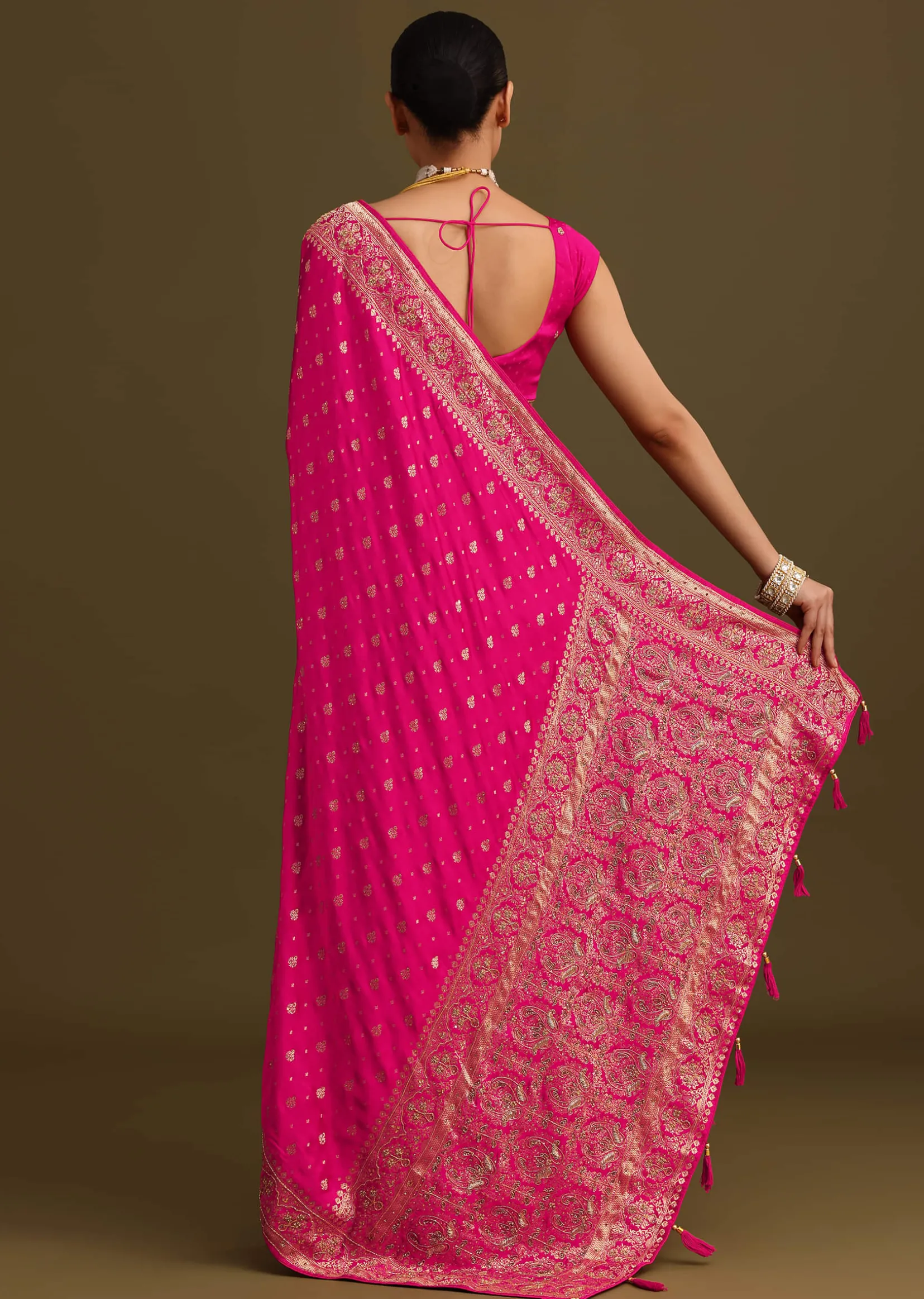 Rani Pink Zardosi Embroidered Saree With Unstitched Blouse