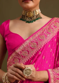 Rani Pink Zardosi Embroidered Saree With Unstitched Blouse