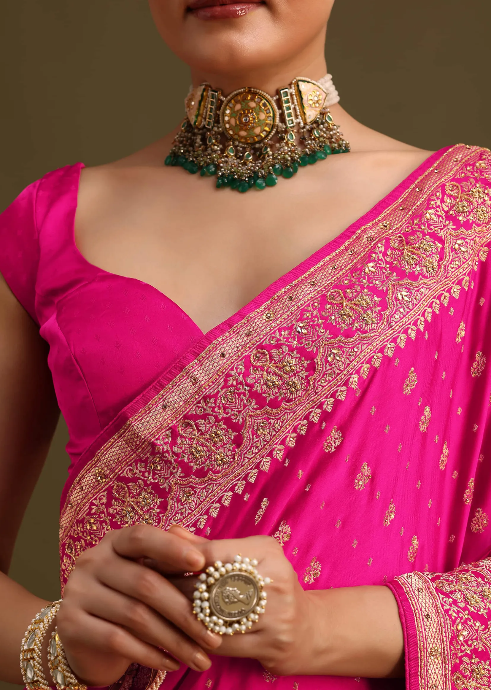 Rani Pink Zardosi Embroidered Saree With Unstitched Blouse