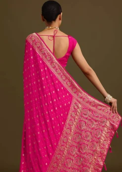 Rani Pink Zardosi Embroidered Saree With Unstitched Blouse