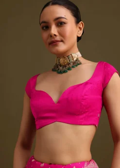 Rani Pink Zardosi Embroidered Saree With Unstitched Blouse