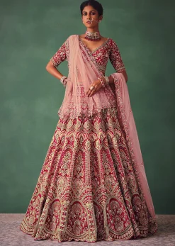 Raw Silk Red Bridal Embroidered Lehenga Set