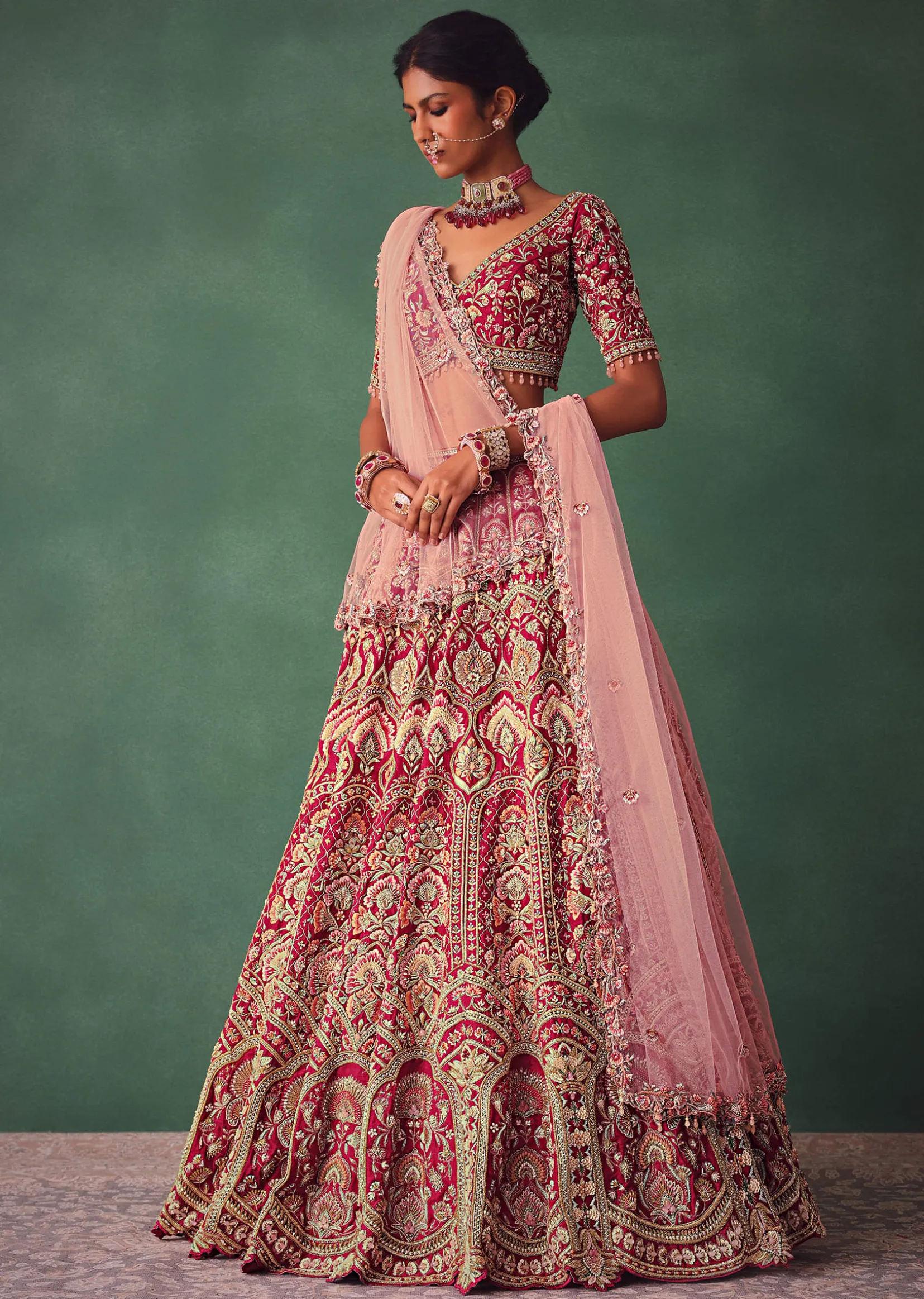 Raw Silk Red Bridal Embroidered Lehenga Set