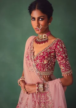 Raw Silk Red Bridal Embroidered Lehenga Set
