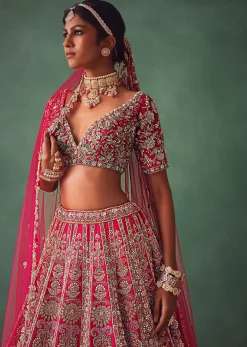 Raw Silk Red Bridal Lehenga With Scallop Dupatta