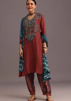 Red Ajrakh Printed Kurta Set With Leheriya Dupatta