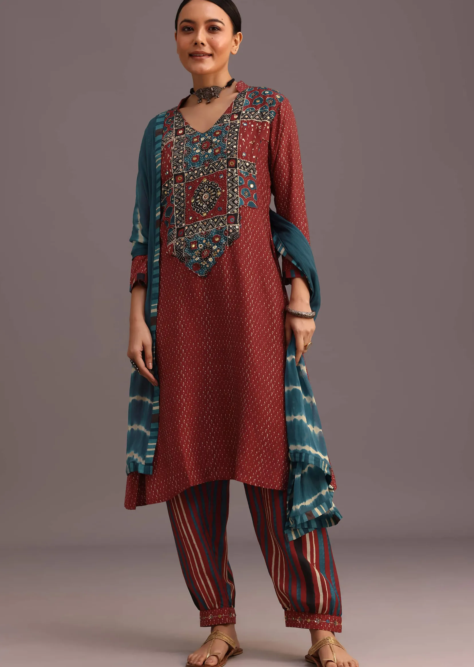 Red Ajrakh Printed Kurta Set With Leheriya Dupatta