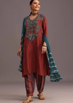 Red Ajrakh Printed Kurta Set With Leheriya Dupatta