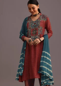Red Ajrakh Printed Kurta Set With Leheriya Dupatta