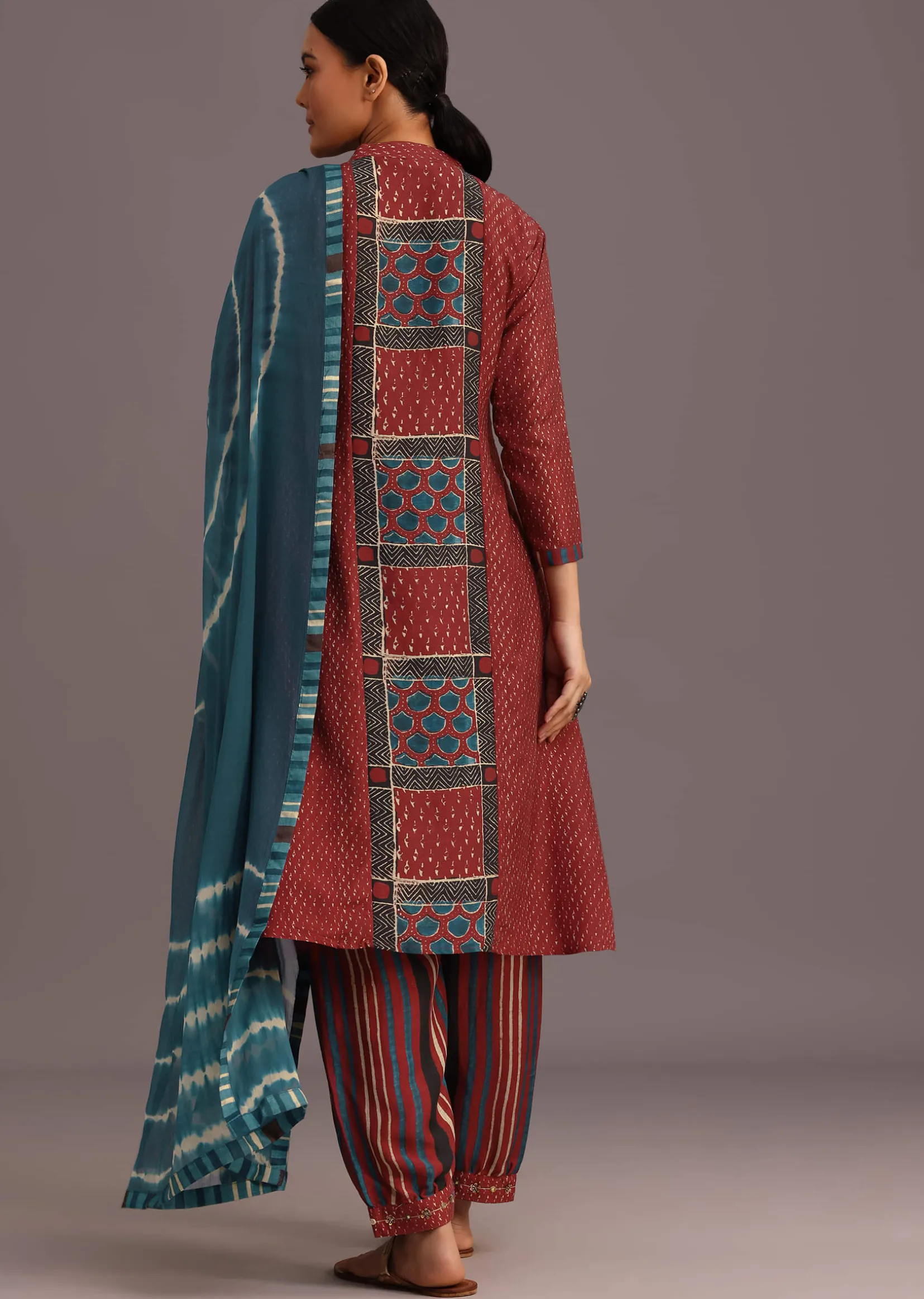 Red Ajrakh Printed Kurta Set With Leheriya Dupatta