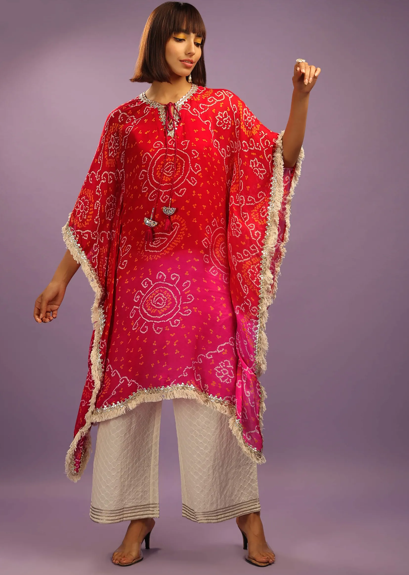 Red And Pink Shaded Kaftan Suit In Georgette With Real Bandhani And Gotta Patti Work