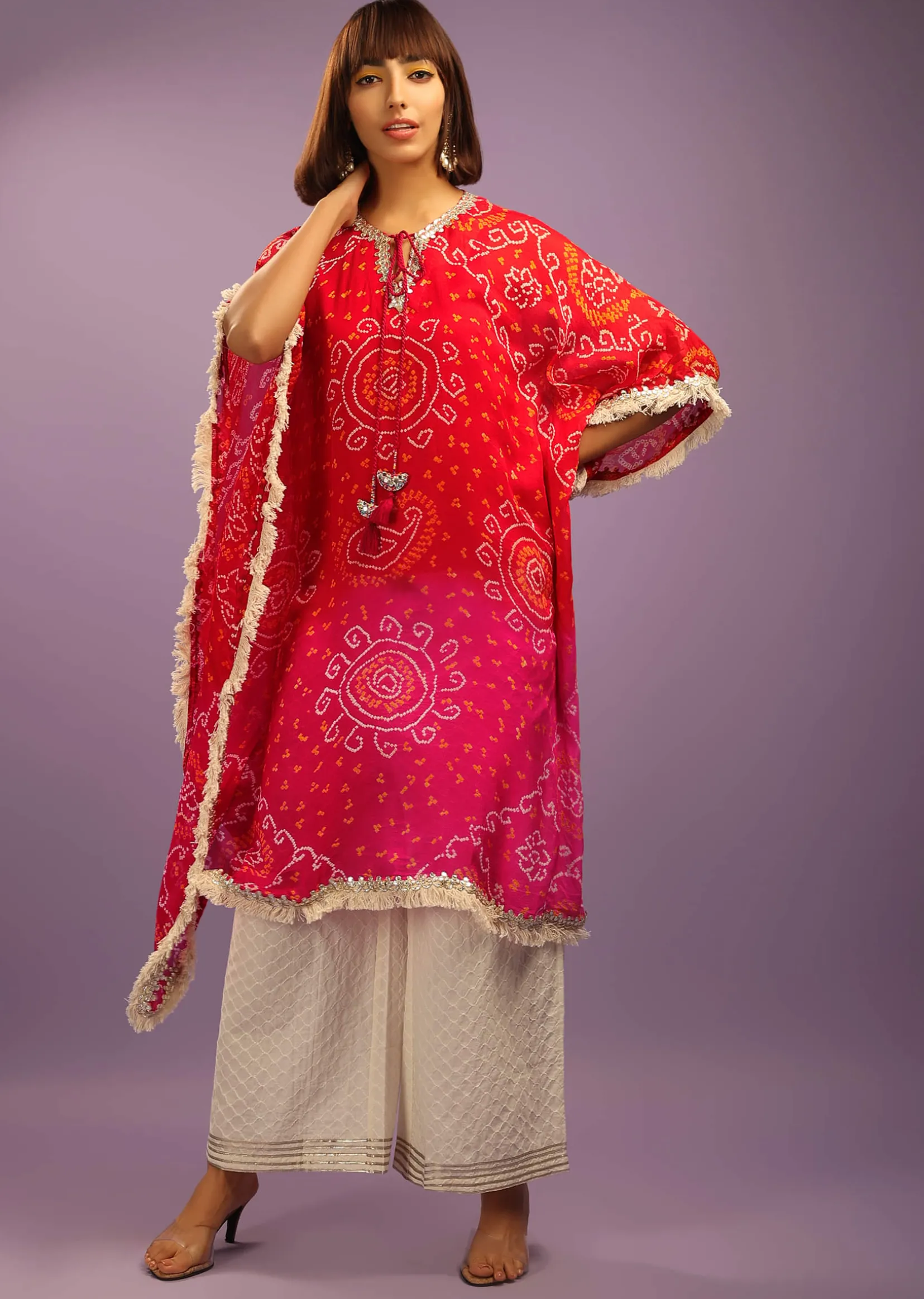 Red And Pink Shaded Kaftan Suit In Georgette With Real Bandhani And Gotta Patti Work