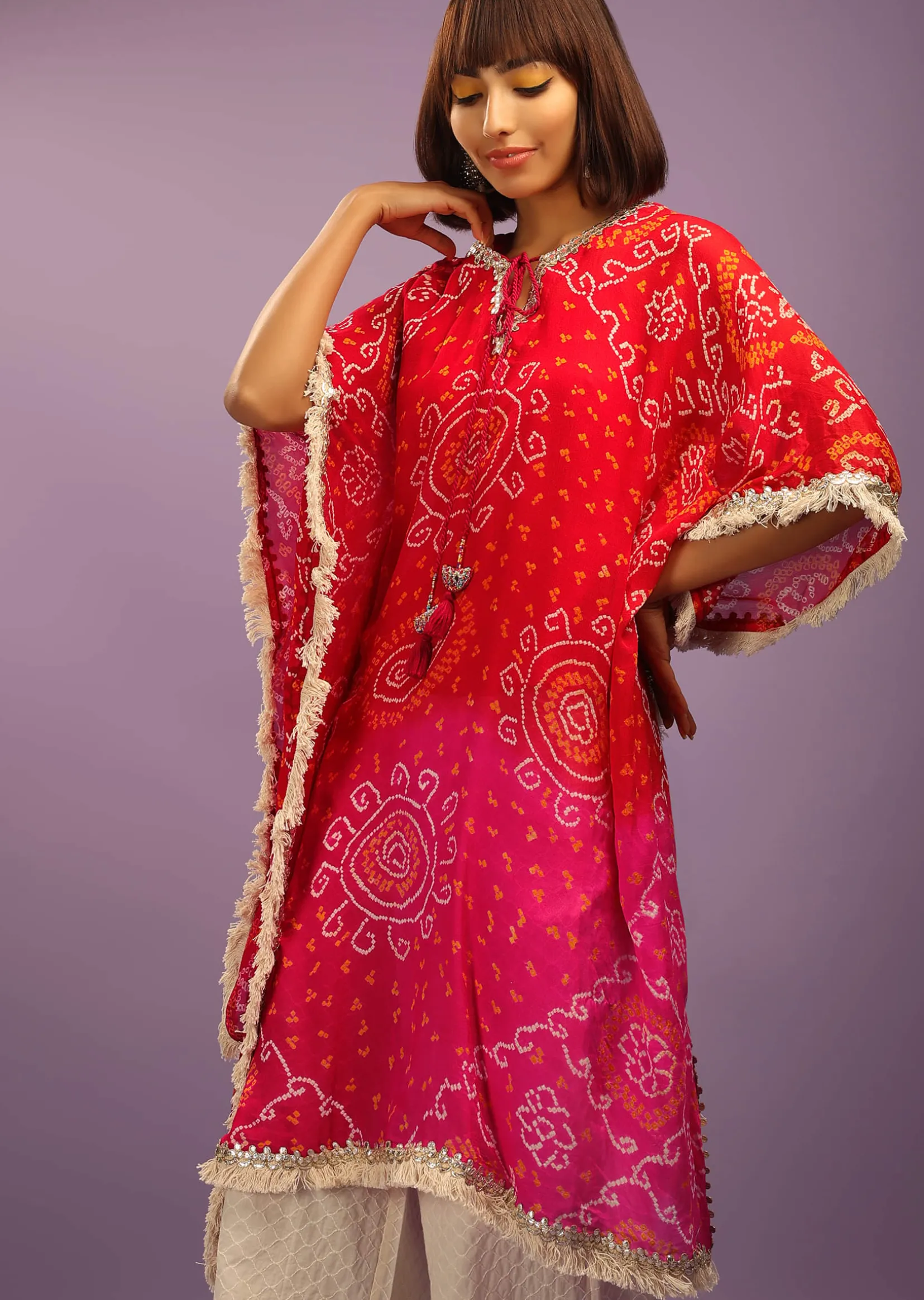 Red And Pink Shaded Kaftan Suit In Georgette With Real Bandhani And Gotta Patti Work