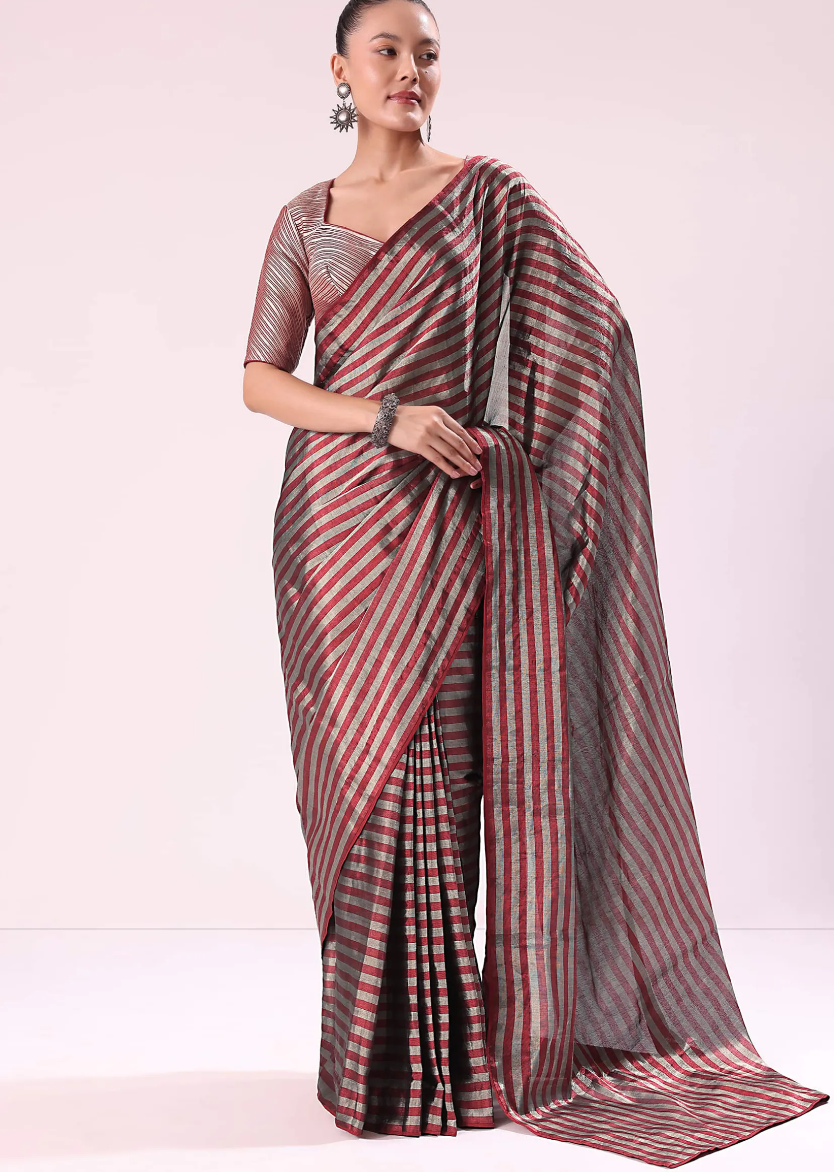 Red And Silver Striped Chanderi Tissue Saree With Pipe Finish Stitched Blouse