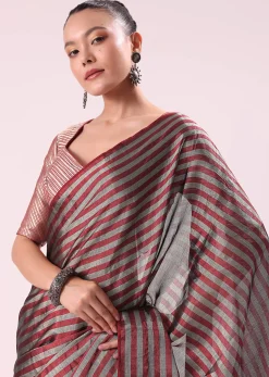 Red And Silver Striped Chanderi Tissue Saree With Pipe Finish Stitched Blouse