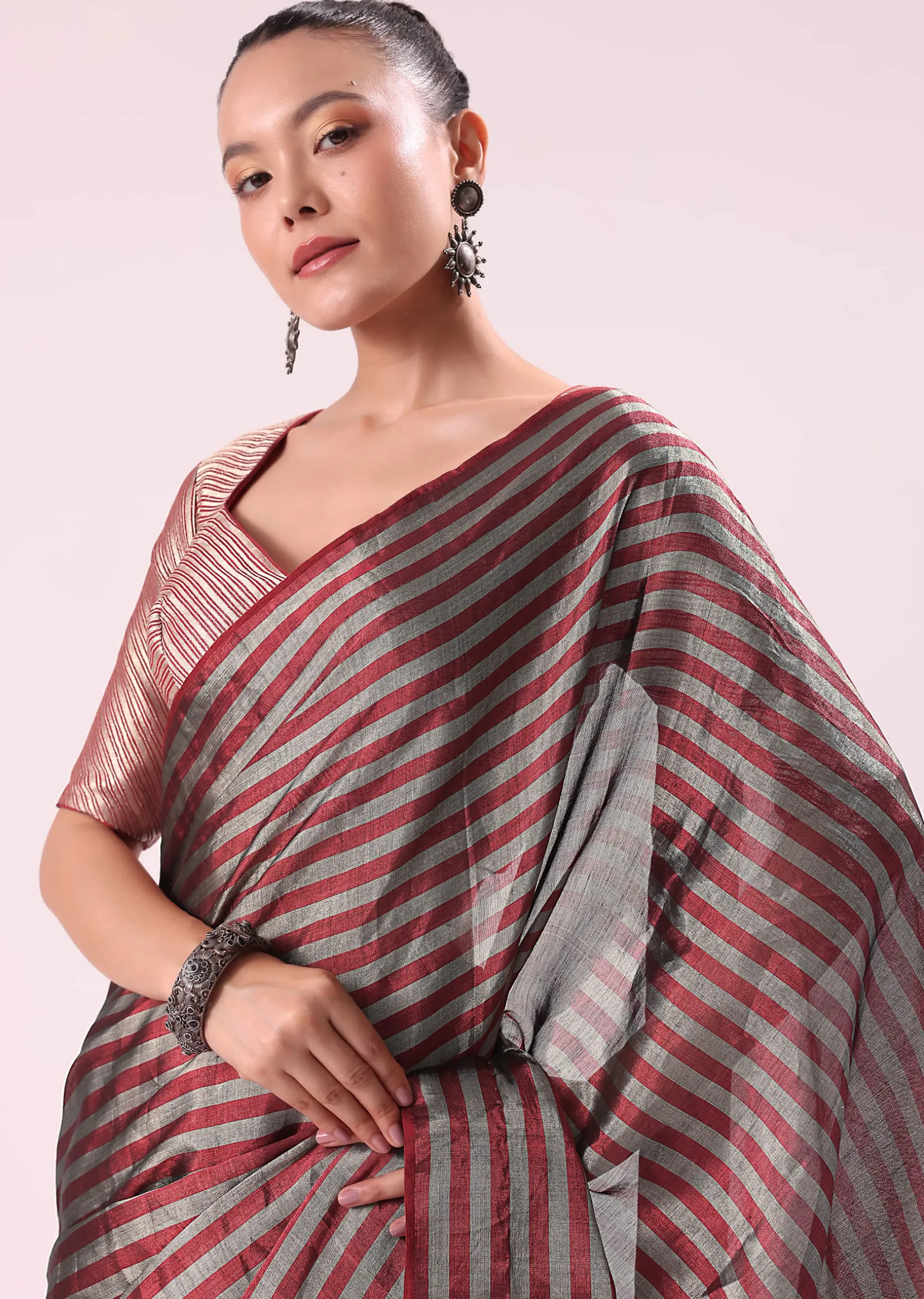 Red And Silver Striped Chanderi Tissue Saree With Pipe Finish Stitched Blouse
