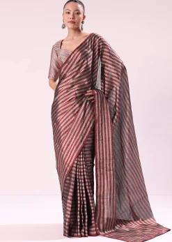 Red And Silver Striped Chanderi Tissue Saree With Pipe Finish Stitched Blouse