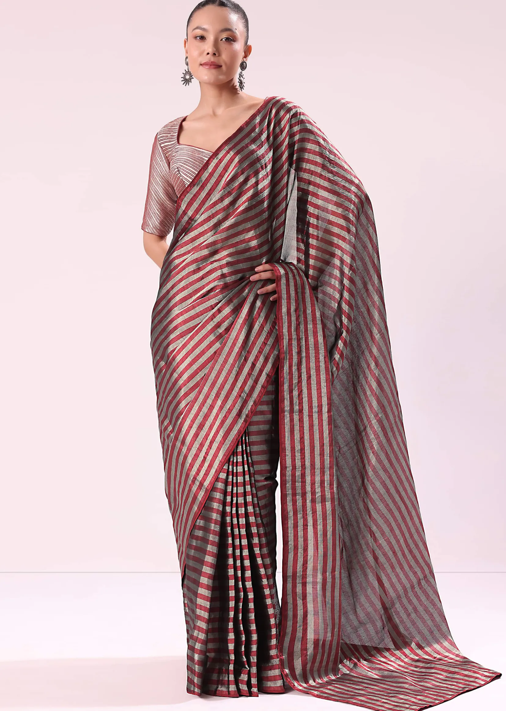 Red And Silver Striped Chanderi Tissue Saree With Pipe Finish Stitched Blouse