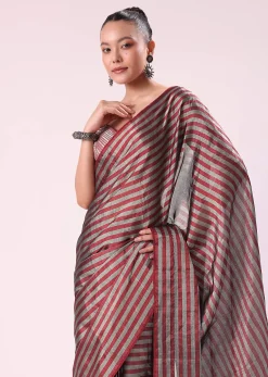 Red And Silver Striped Chanderi Tissue Saree With Pipe Finish Stitched Blouse