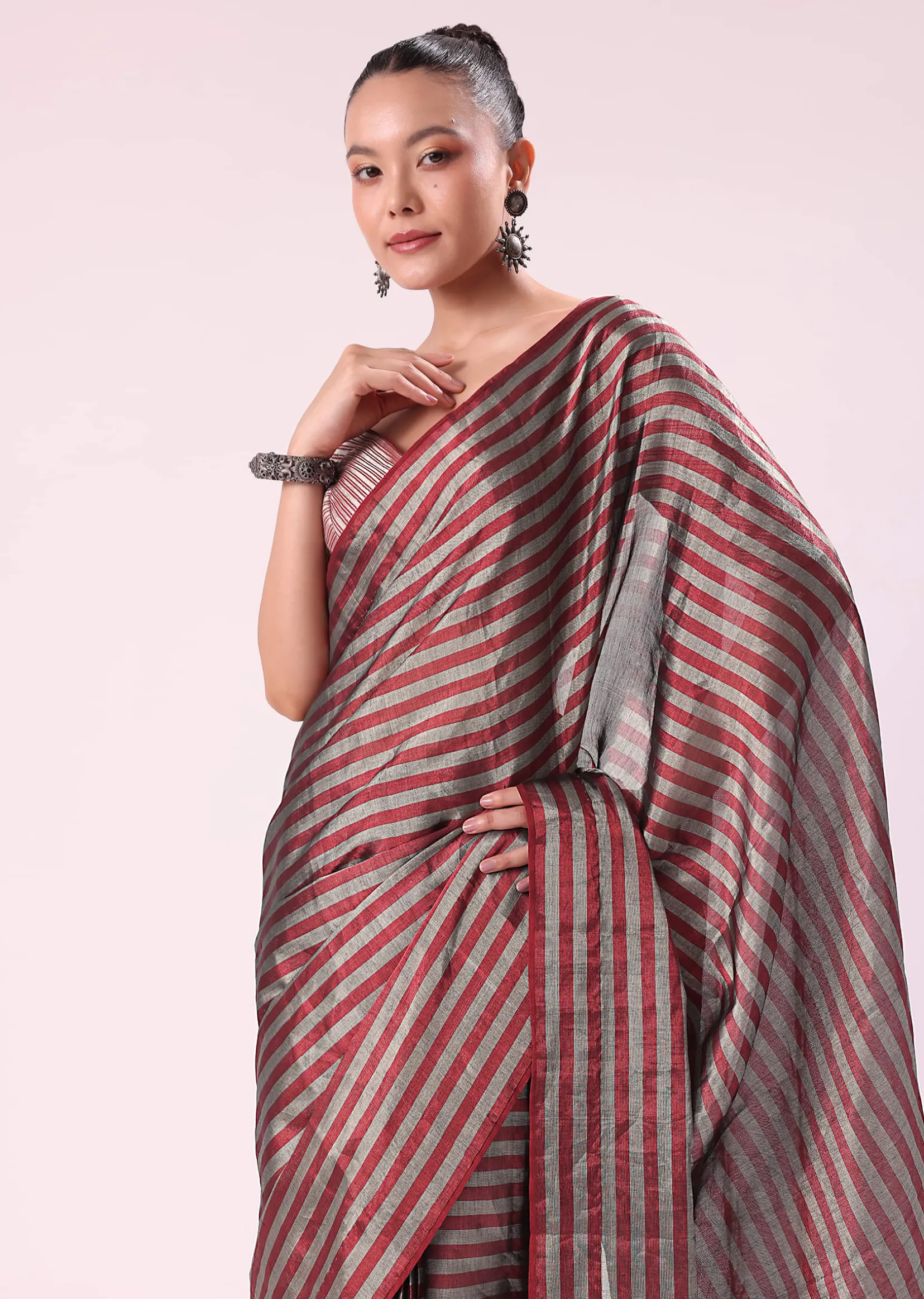 Red And Silver Striped Chanderi Tissue Saree With Pipe Finish Stitched Blouse