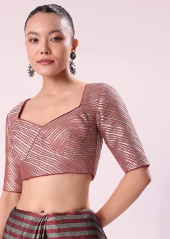 Red And Silver Striped Chanderi Tissue Saree With Pipe Finish Stitched Blouse