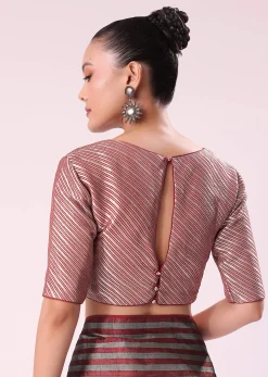 Red And Silver Striped Chanderi Tissue Saree With Pipe Finish Stitched Blouse