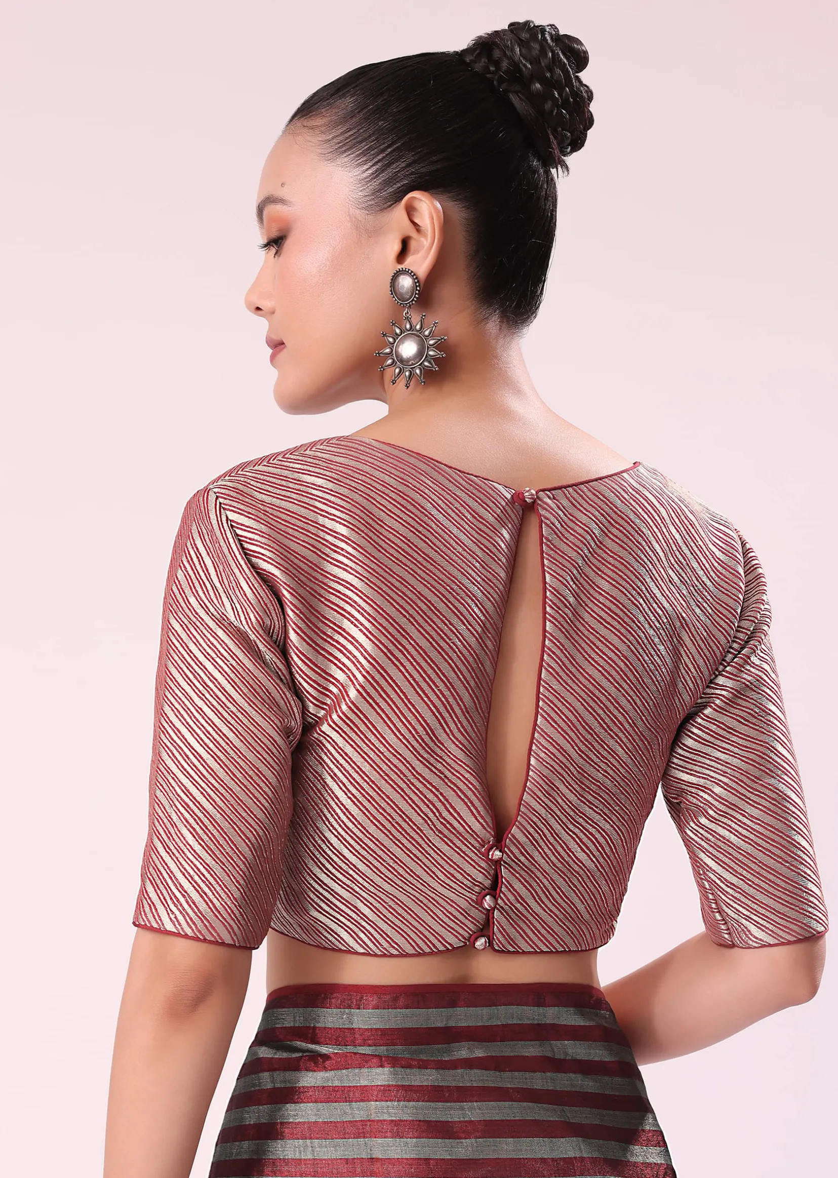 Red And Silver Striped Chanderi Tissue Saree With Pipe Finish Stitched Blouse