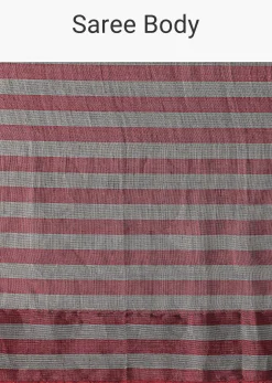 Red And Silver Striped Chanderi Tissue Saree With Pipe Finish Stitched Blouse