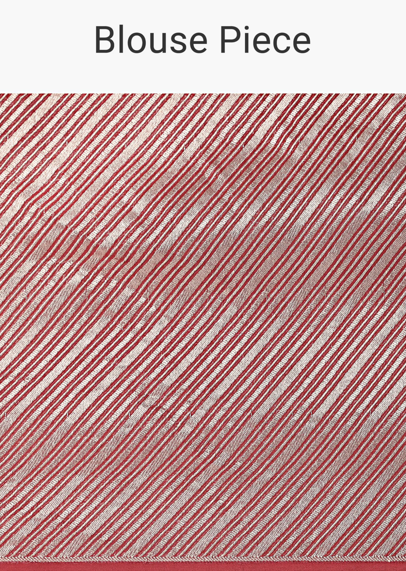 Red And Silver Striped Chanderi Tissue Saree With Pipe Finish Stitched Blouse