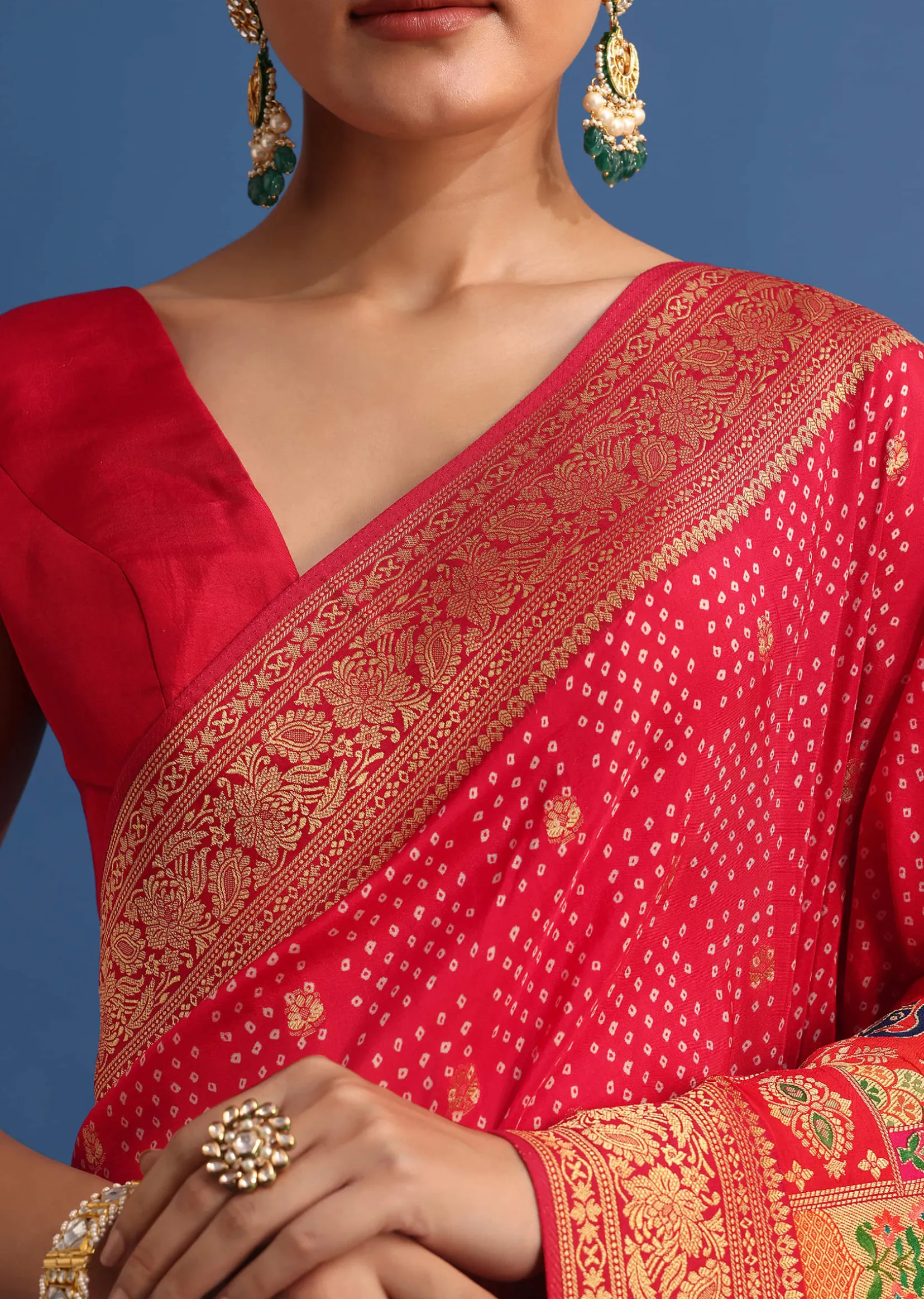 Red Banarasi Bandhani Satin Saree With Traditional Brocade Motifs On Border