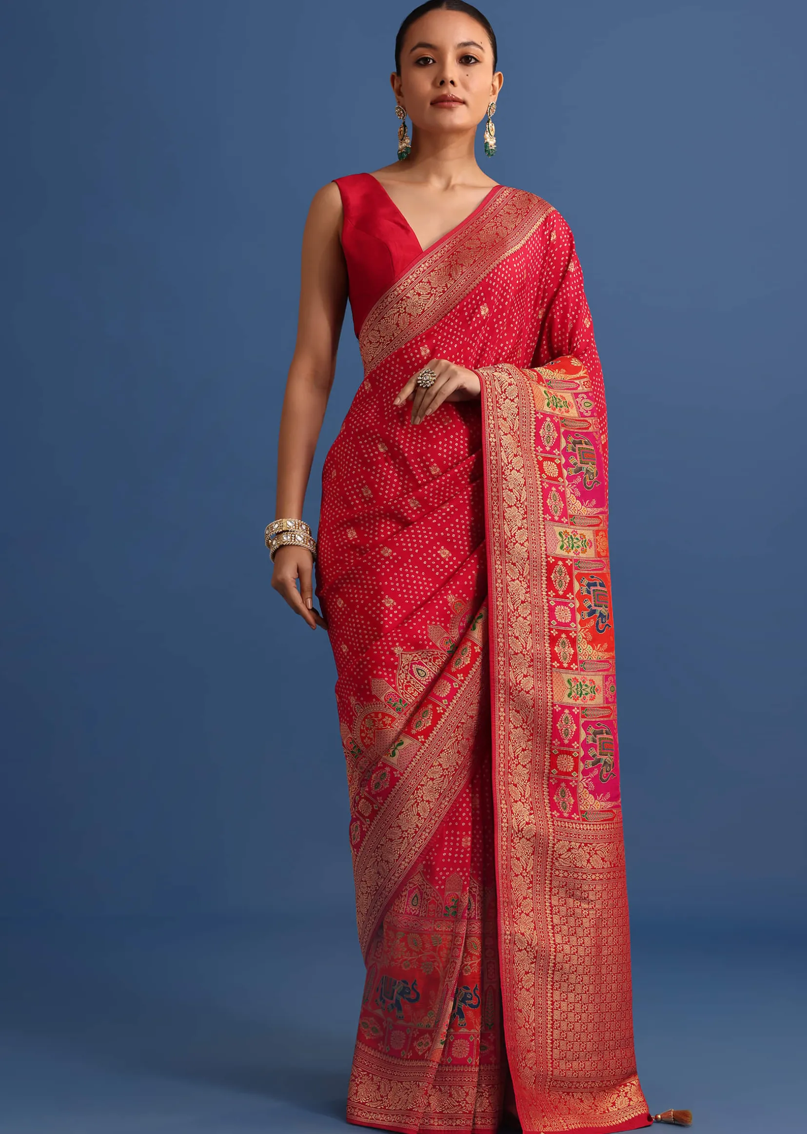 Red Banarasi Bandhani Satin Saree With Traditional Brocade Motifs On Border