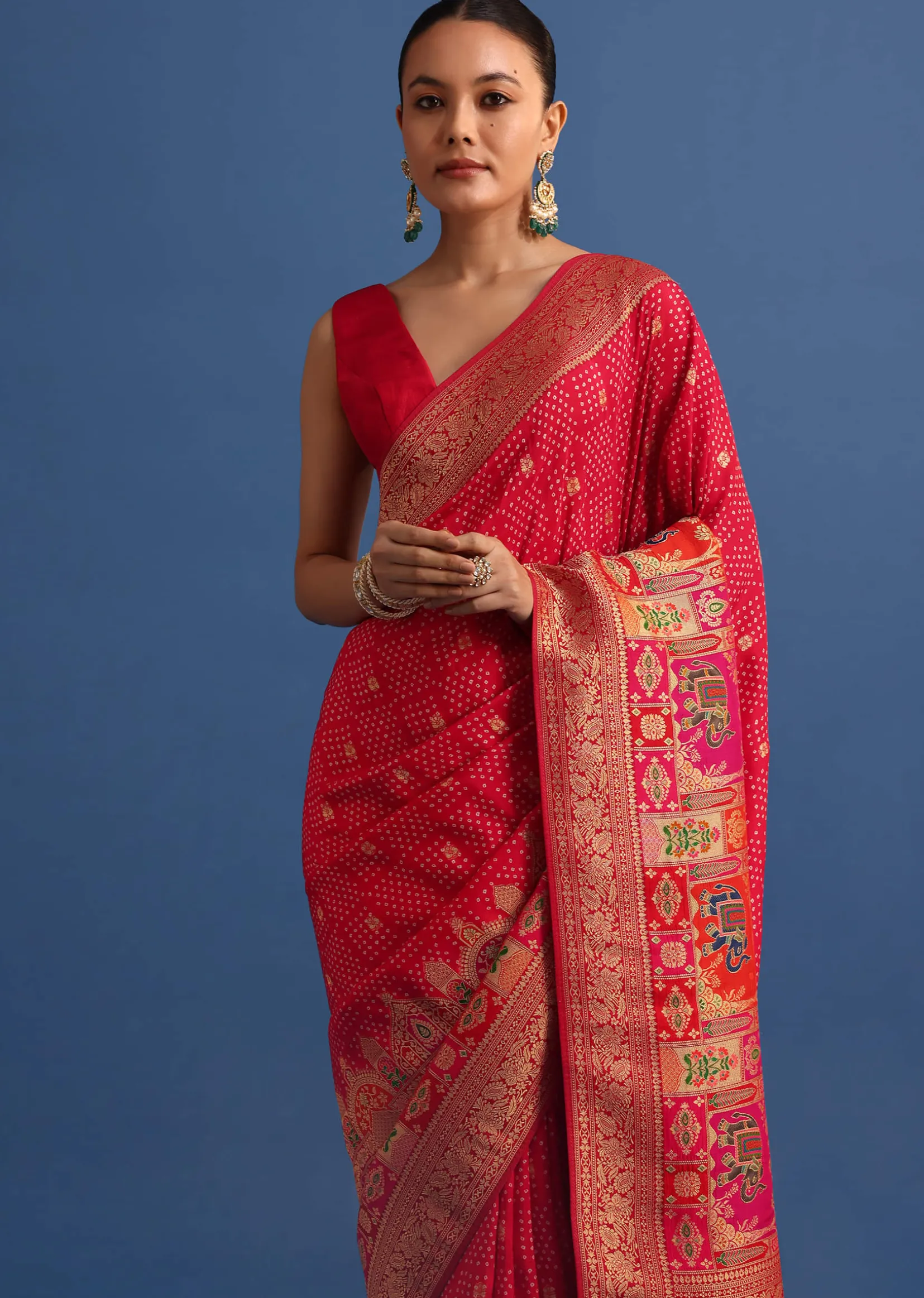 Red Banarasi Bandhani Satin Saree With Traditional Brocade Motifs On Border
