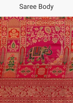 Red Banarasi Bandhani Satin Saree With Traditional Brocade Motifs On Border