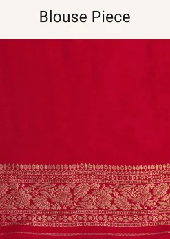 Red Banarasi Bandhani Satin Saree With Traditional Brocade Motifs On Border