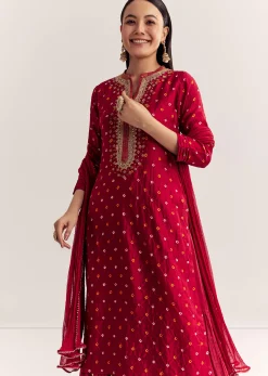 Red Bandhani Layered Silk Kurta Set With Dupatta