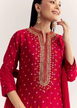Red Bandhani Layered Silk Kurta Set With Dupatta