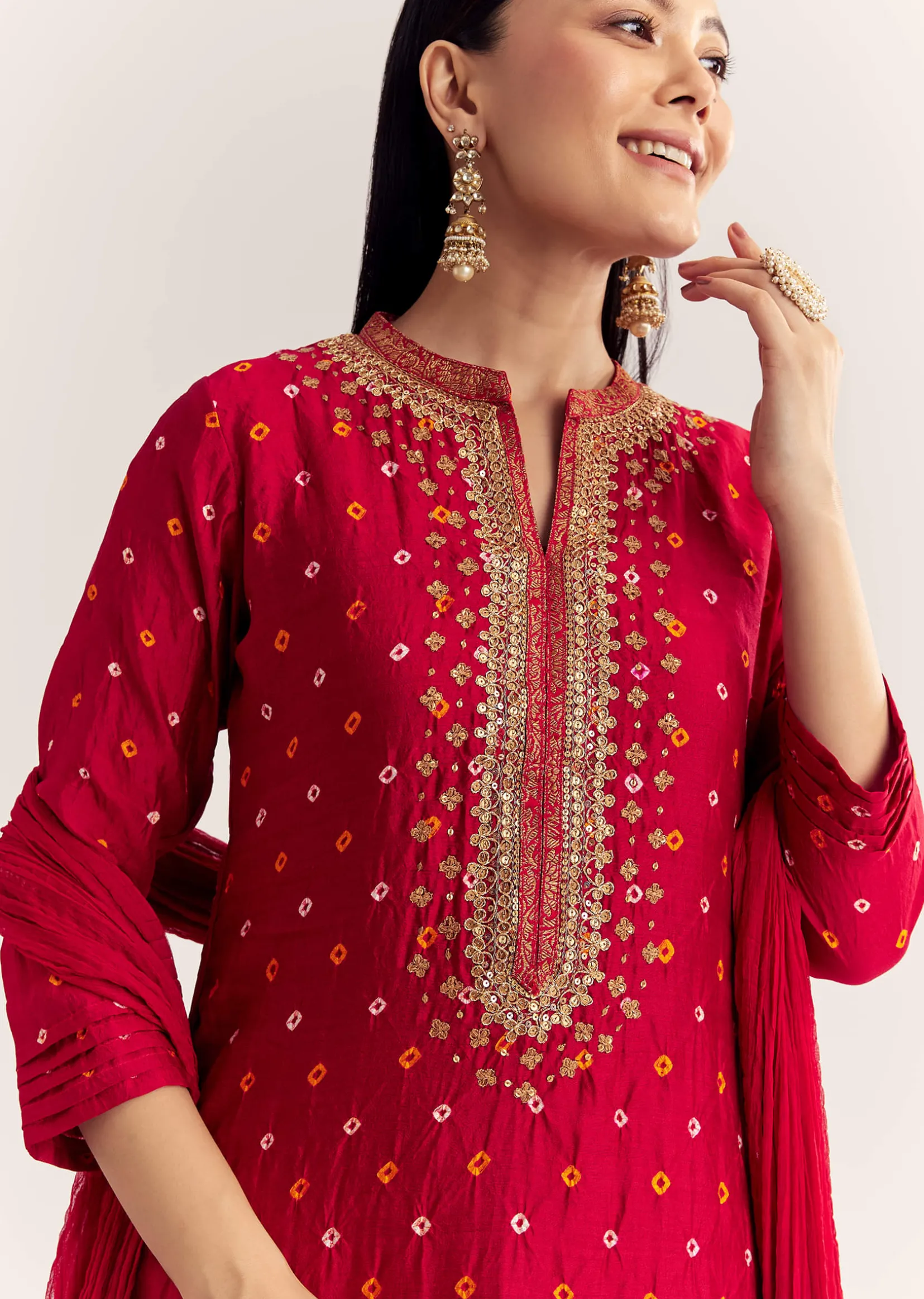 Red Bandhani Layered Silk Kurta Set With Dupatta