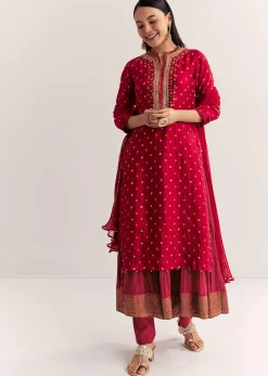 Red Bandhani Layered Silk Kurta Set With Dupatta