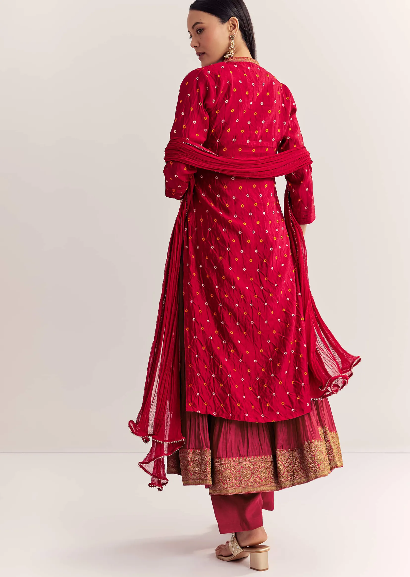 Red Bandhani Layered Silk Kurta Set With Dupatta