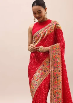 Red Bandhani Silk Saree With Unstitched Blouse