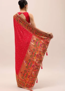 Red Bandhani Silk Saree With Unstitched Blouse