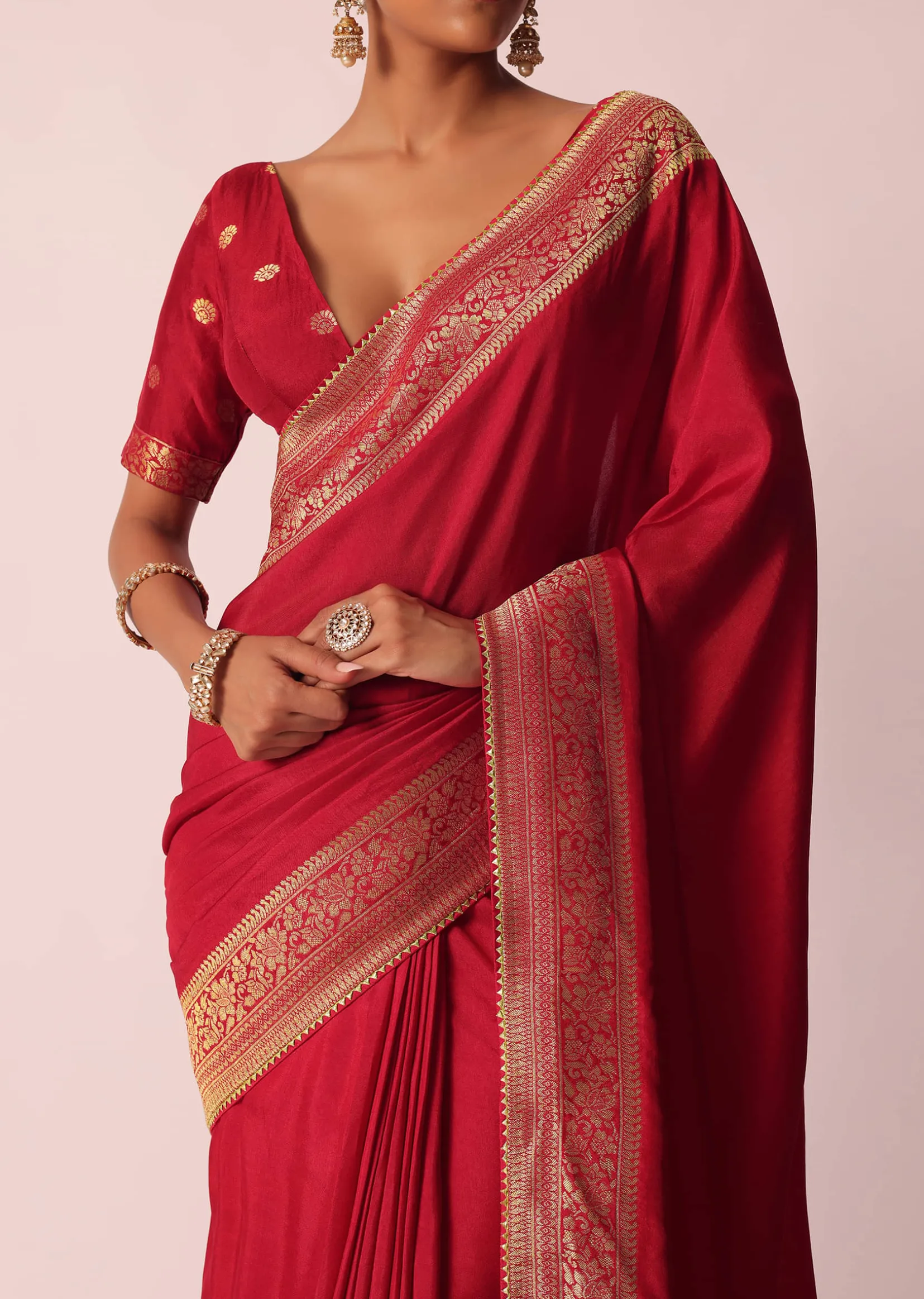 Red Bandhani Silk Woven Saree With Unstitched Blouse Piece