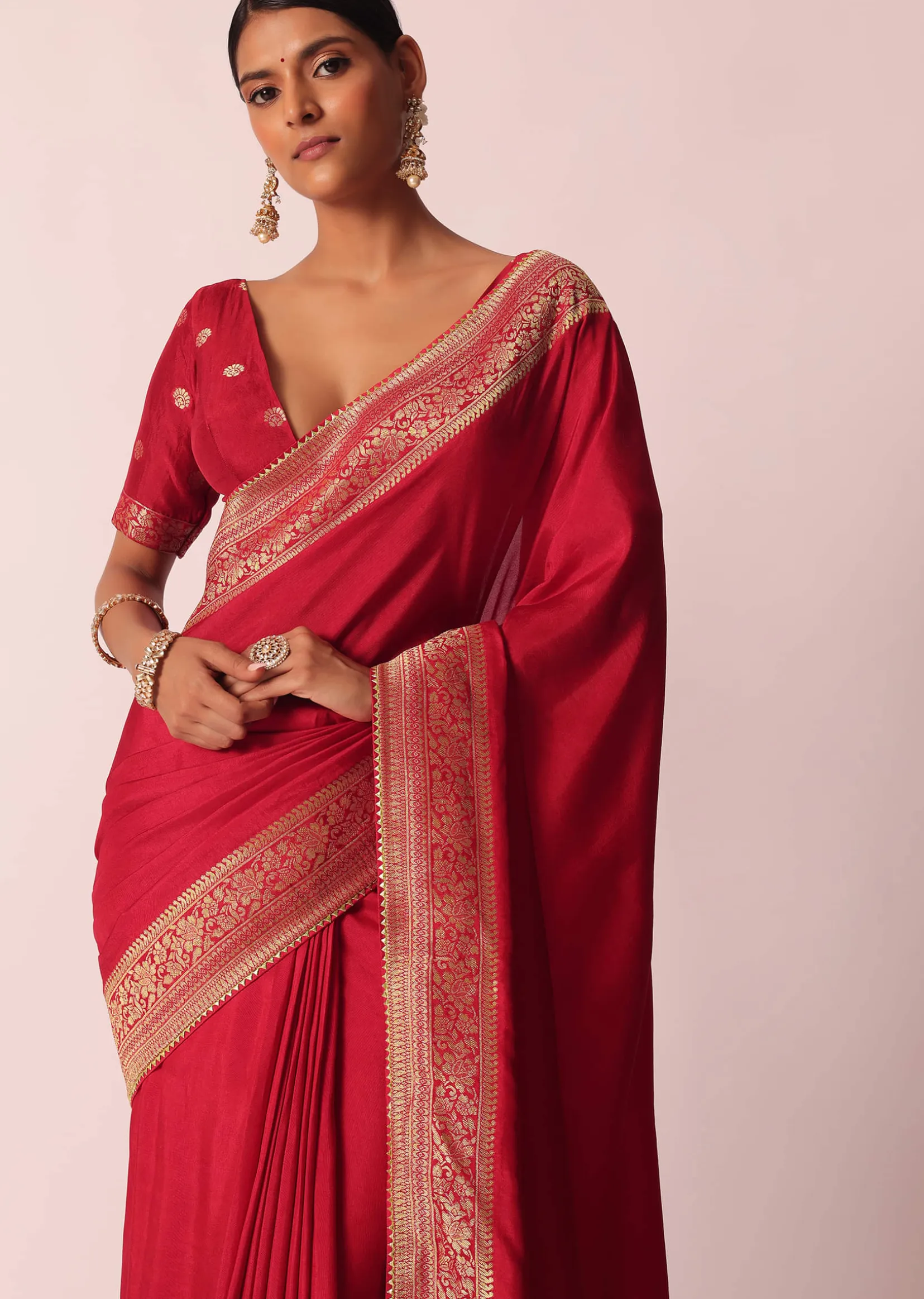 Red Bandhani Silk Woven Saree With Unstitched Blouse Piece