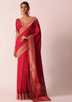 Red Bandhani Silk Woven Saree With Unstitched Blouse Piece