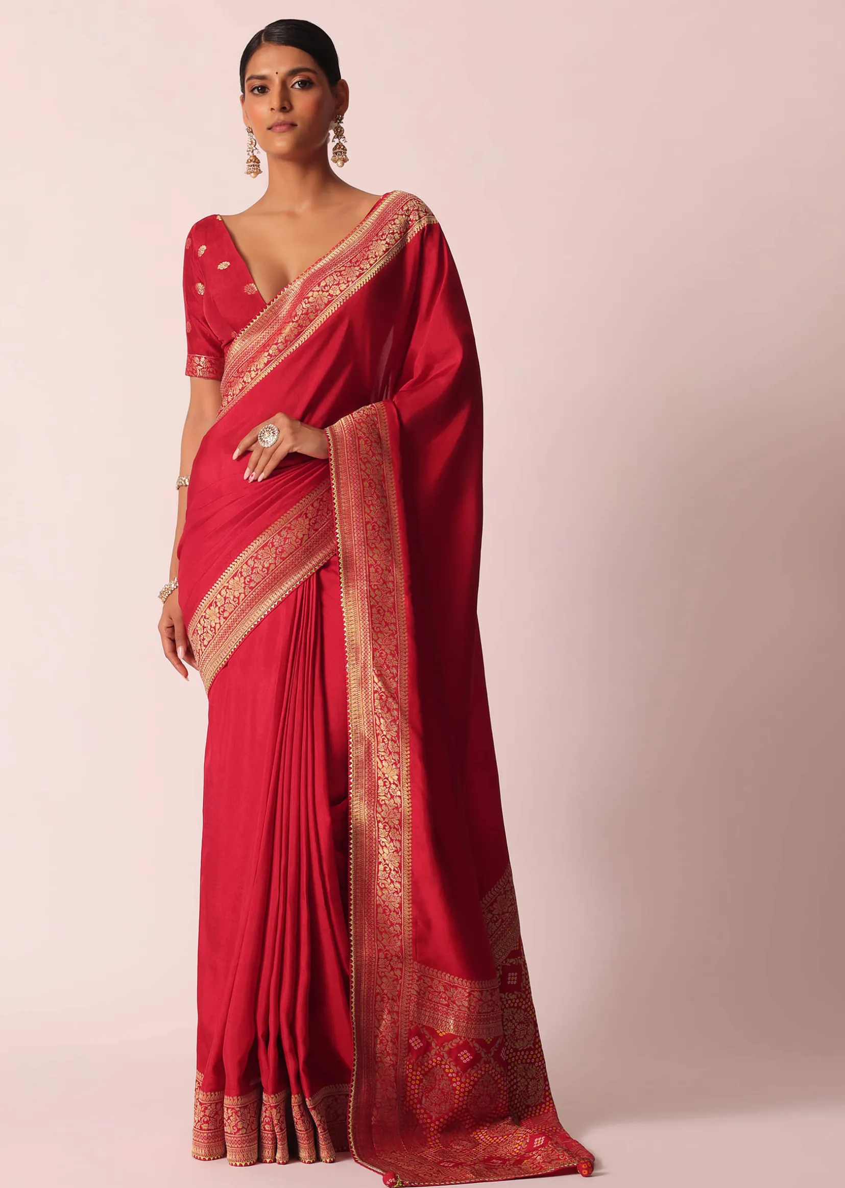 Red Bandhani Silk Woven Saree With Unstitched Blouse Piece
