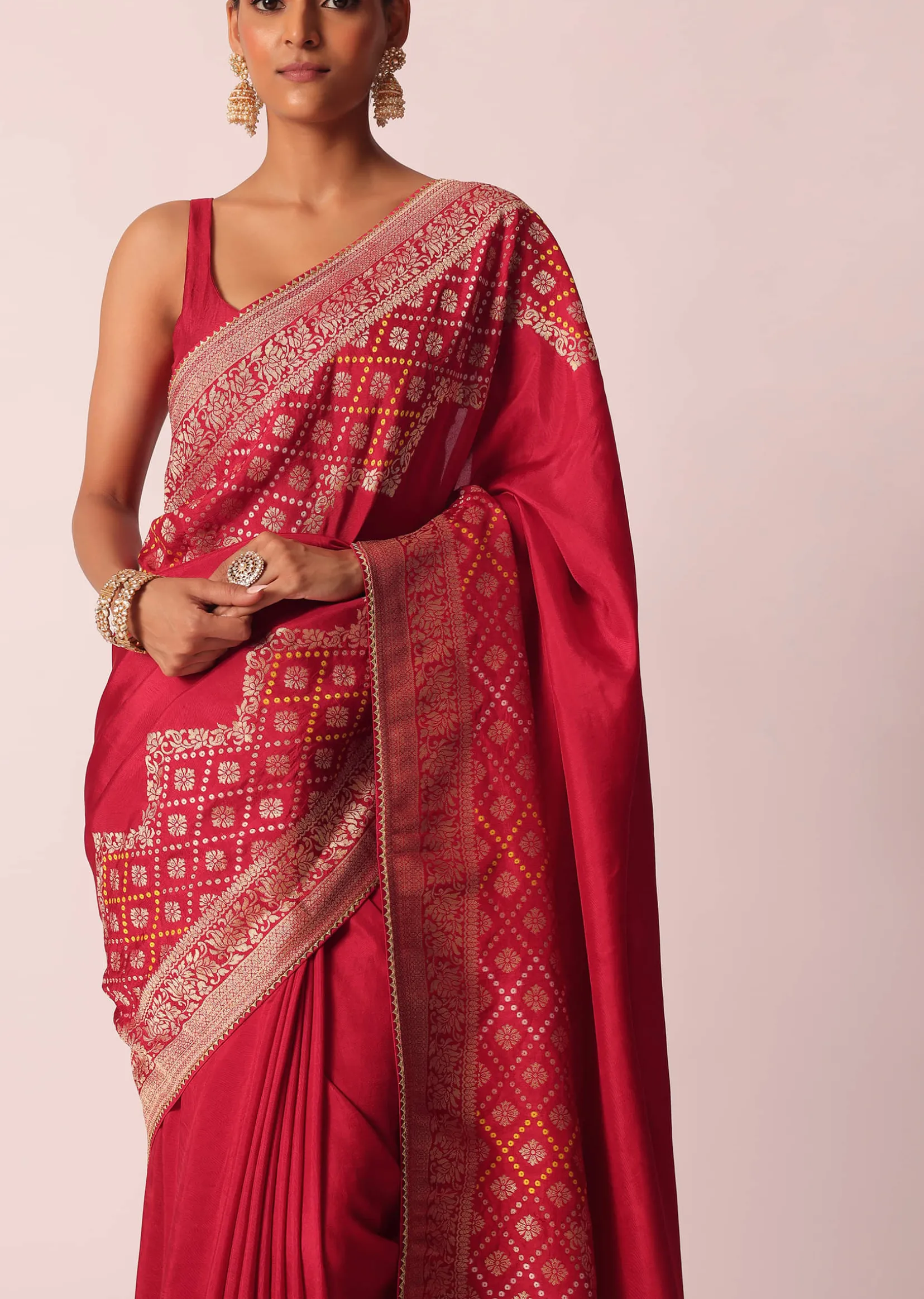 Red Bandhani Weave Saree In Silk With Unstitched Blouse Piece