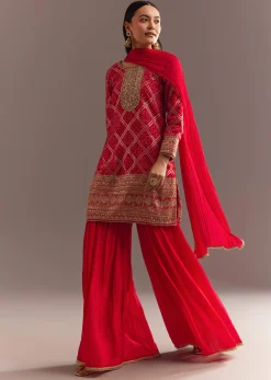 Red Bandhani Zari Kurta And Jacquard Sharara With Chiffon Dupatta