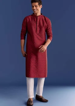 Red Benaras Jacquard Kurta Set With Print