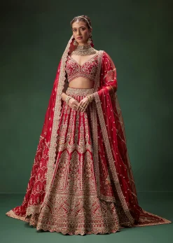 Red Bridal Lehenga With Intricate Hand Embroidery And Double Dupatta Drape