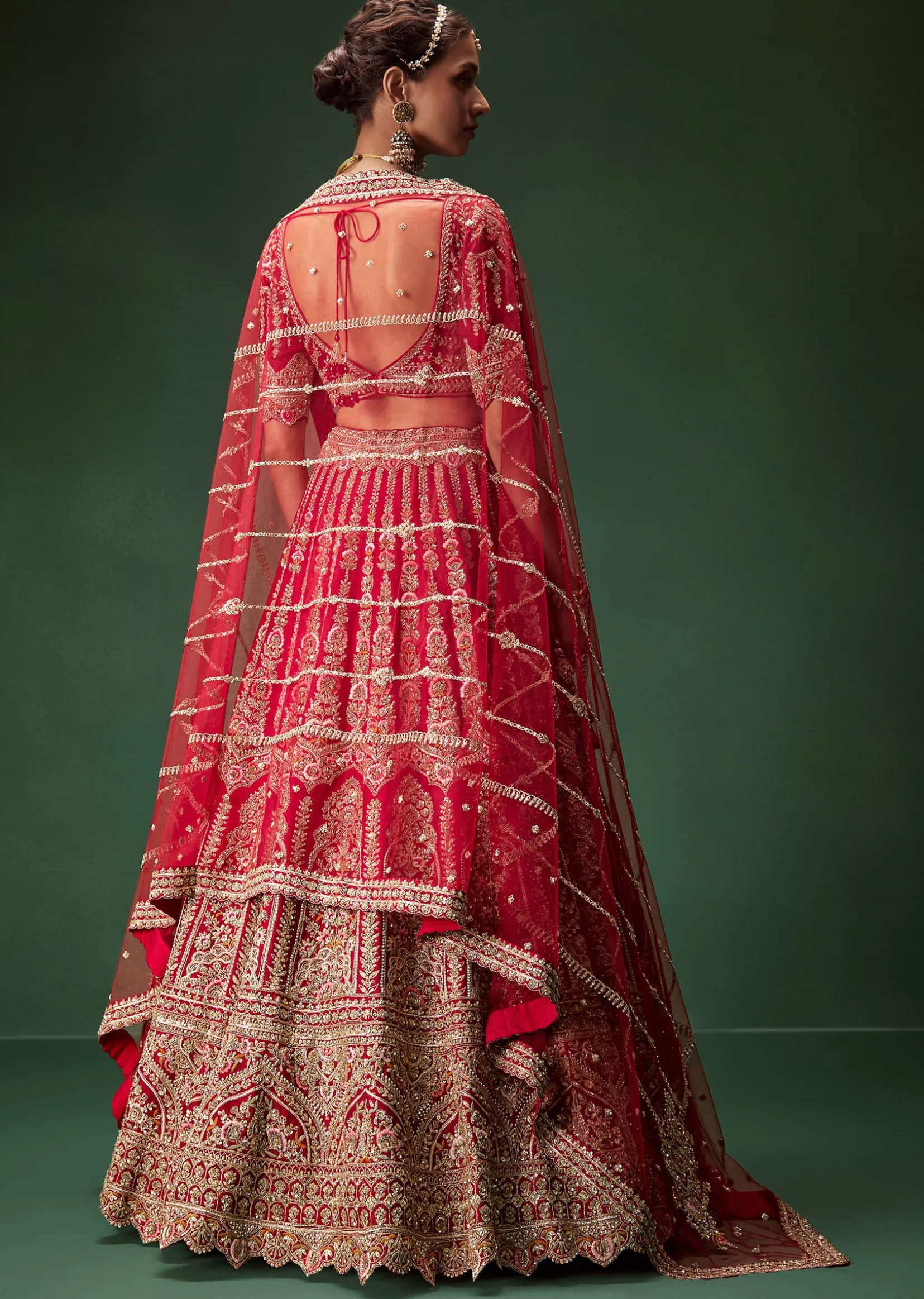 Red Bridal Lehenga With Intricate Hand Embroidery And Double Dupatta Drape